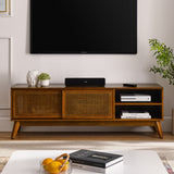TV Stand Mid-Century Boho Rattan MDF Brown Ebony Sliding Door Fits 65 In TV