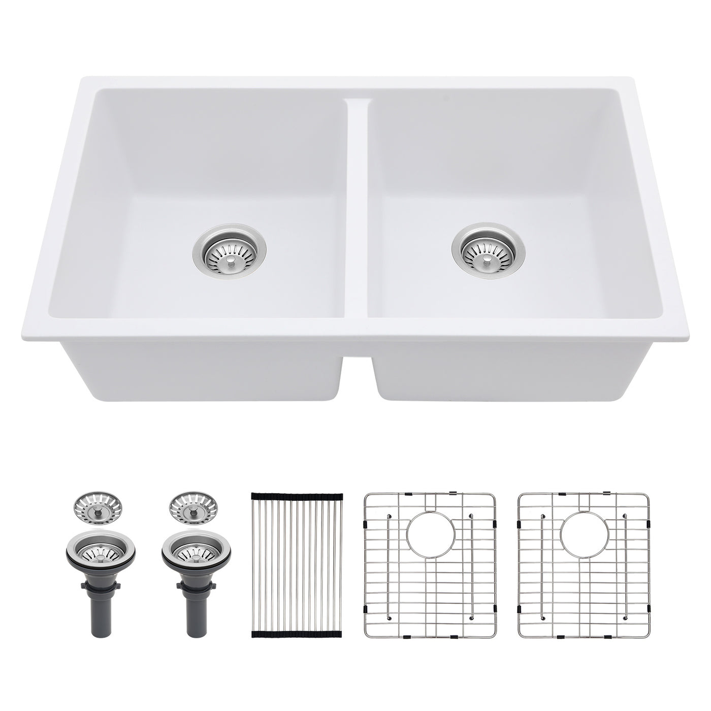 White Granite Composite Double Bowl Undermount Kitchen Sink 33" x 19