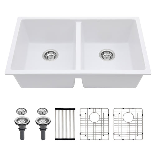 White Granite Composite Double Bowl Undermount Kitchen Sink 33" x 19