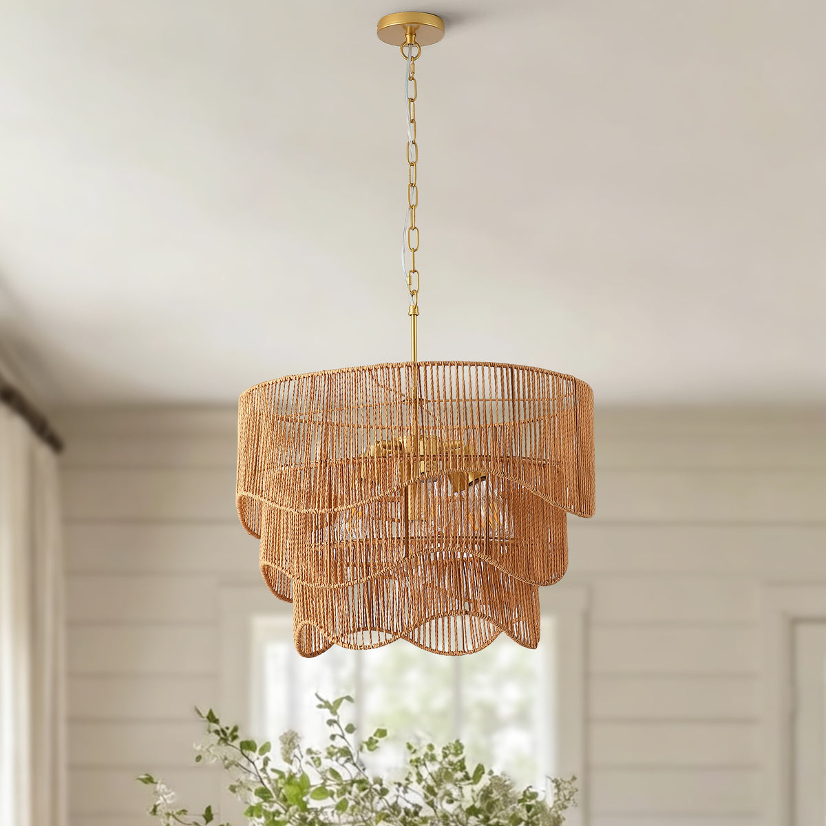 Handwoven Paper Rattan Boho Chandelier with 7-Light E26 Base