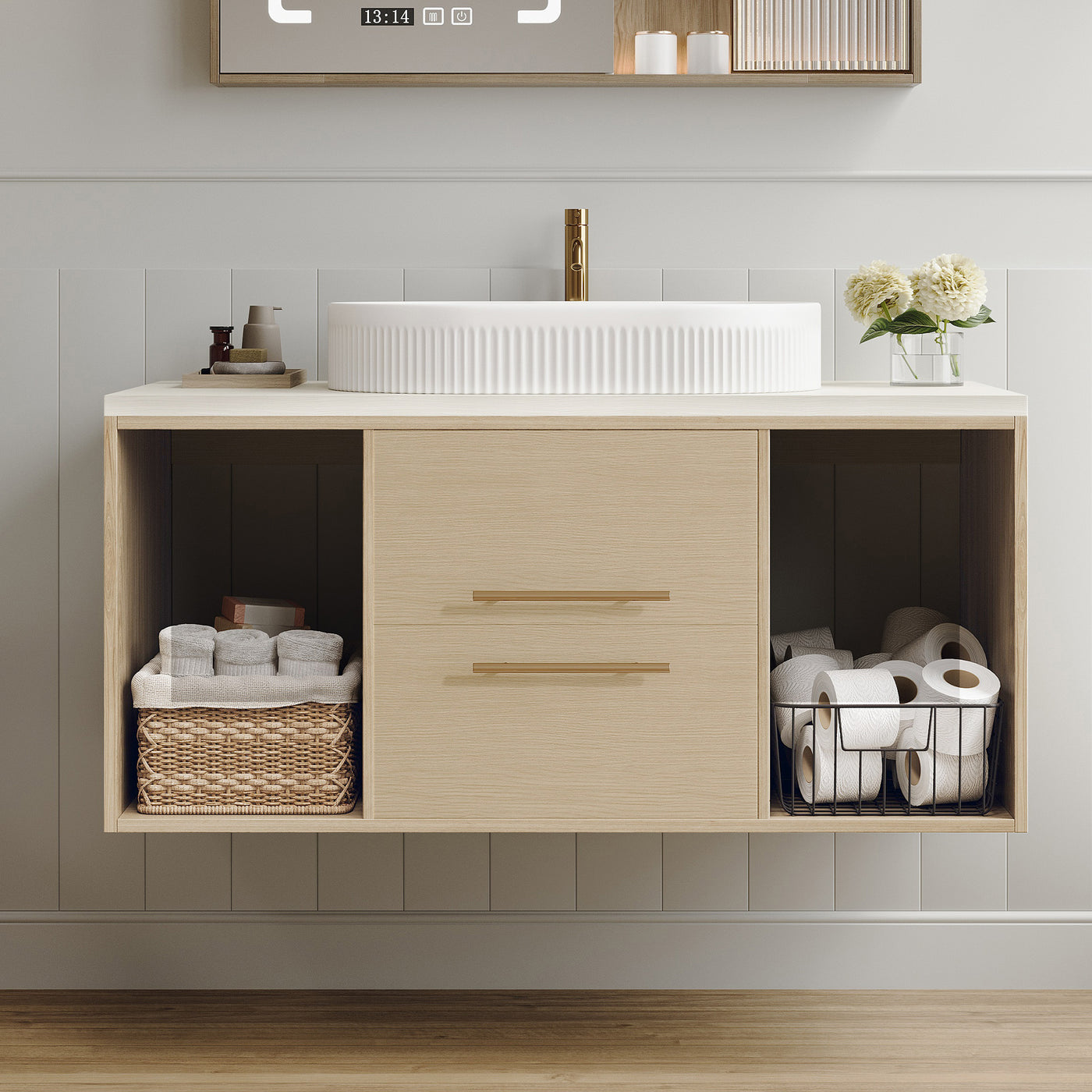 Modern 39.3 Wall-Mounted Bathroom Vanity with Oval Ceramic Sink Floating Vani...