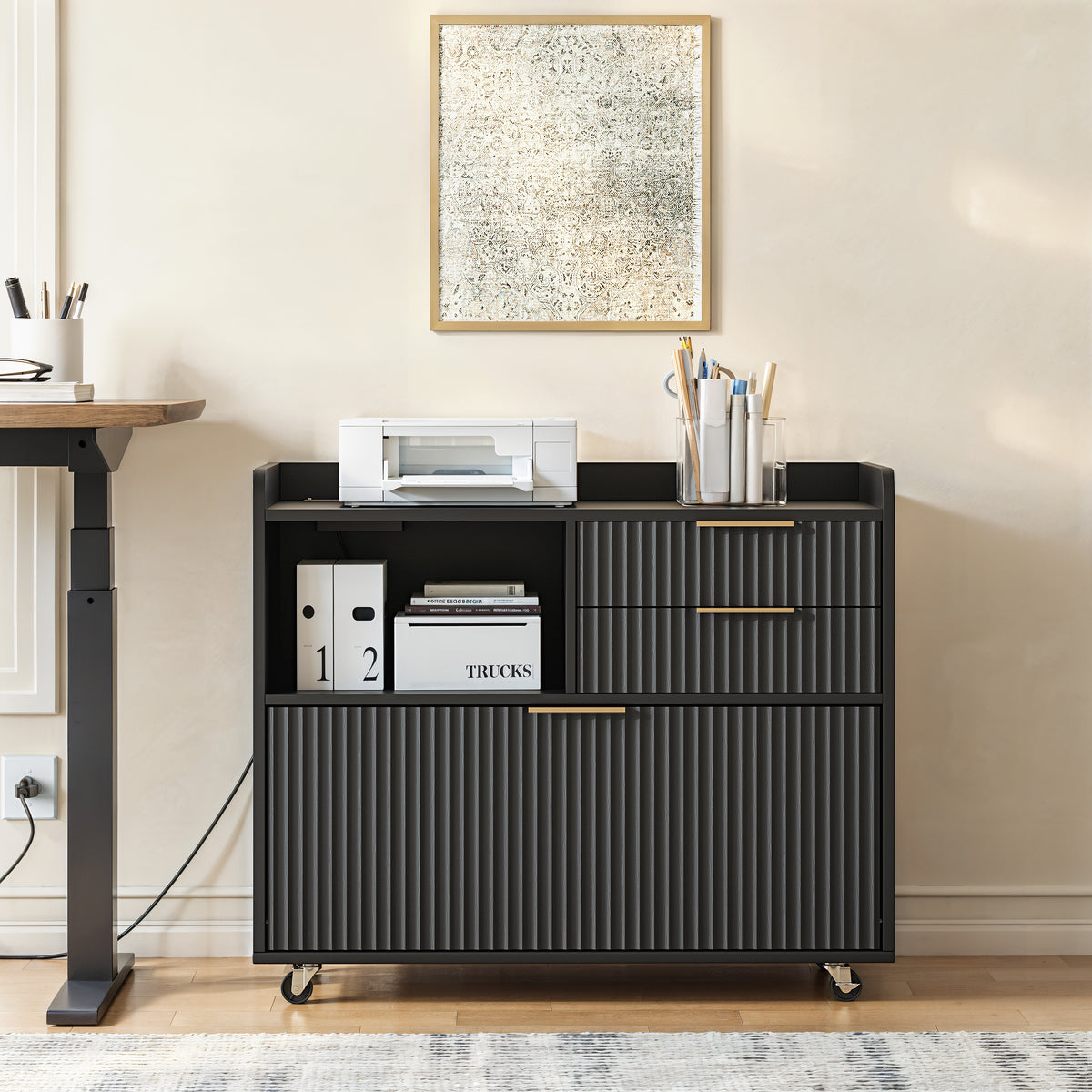 Mobile Office File Cabinet with Charging Station & Multi Drawers, Open Storage C