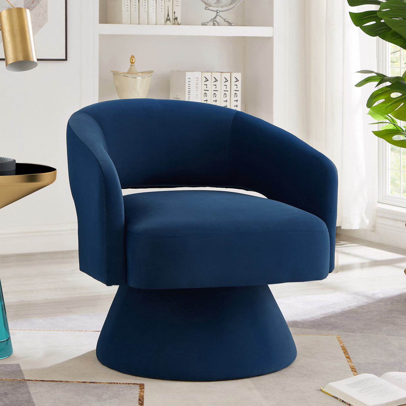 Accent Chair Swivel Barrel Velvet Navy Open Back 360 Degree 28x28x30 In