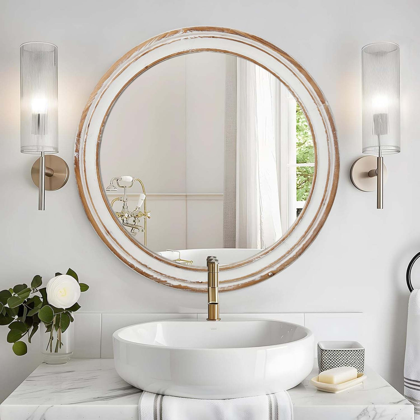 23.62" Round Whitewash Wall Mirror Farmhouse Decor