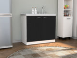 Double Door Utility Sink Cabinet With Shelf - White/Black