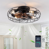 19-inch black wrought-iron cage-style ceiling fan light, featuring remote