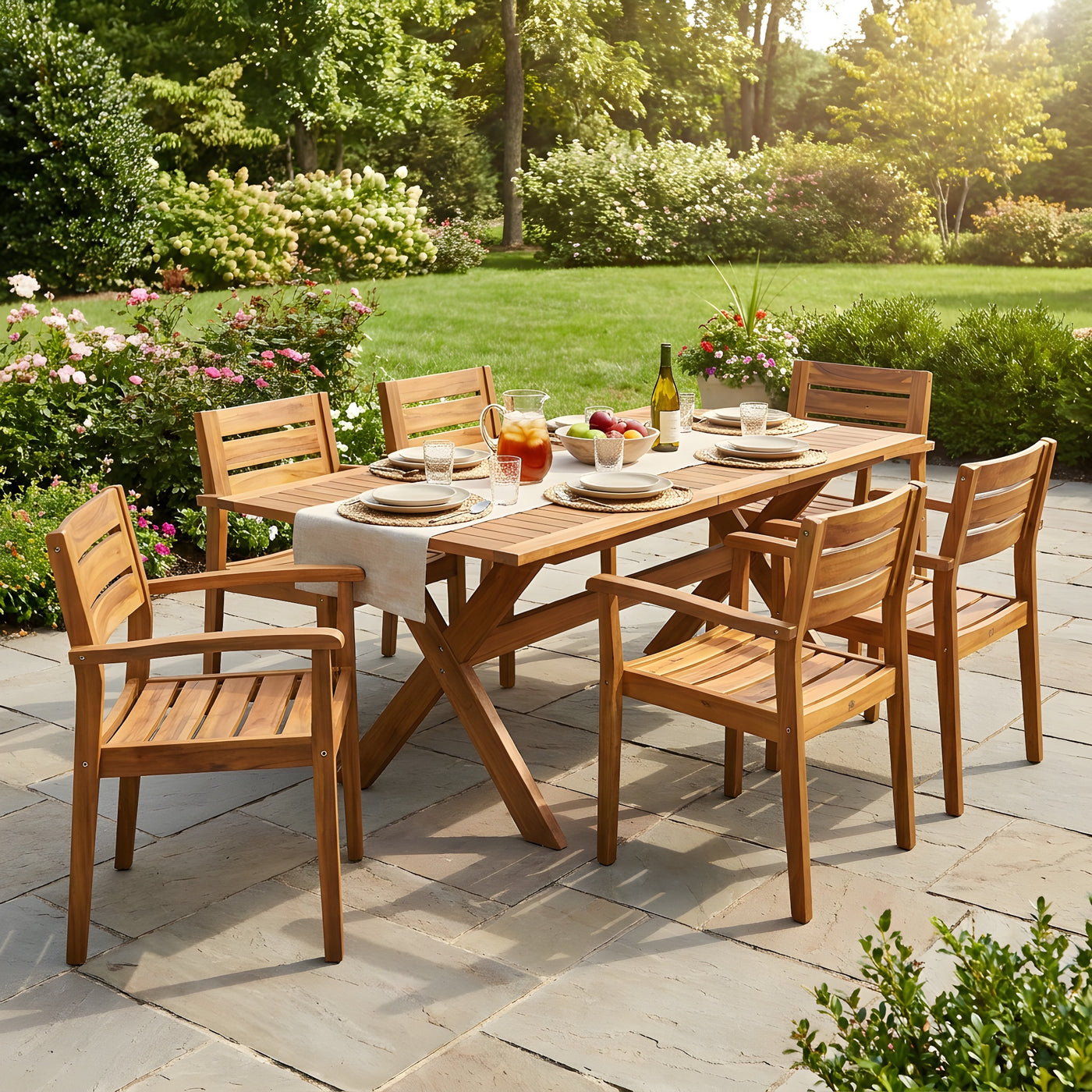 7 Pieces Acacia Wood Outdoor Dining Set s,Modern 6 Chairs  1 Large Table,Dining Furniture Set for Lawn, Backyard, Garden Deck,Poolside,Teak