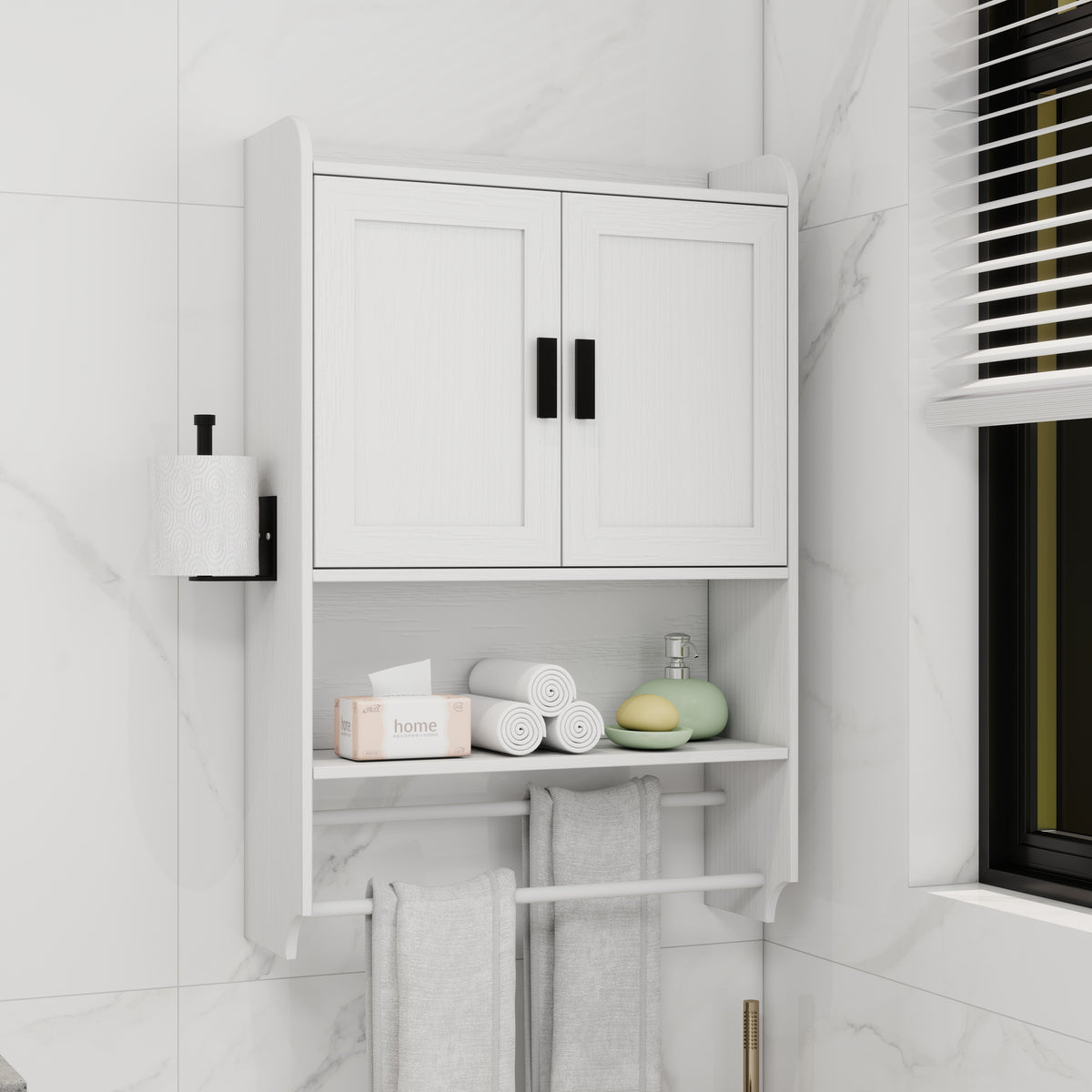 Bathroom Wall Cabinet with Doors, Adjustable Shelf, Towel Bar and Paper Holder