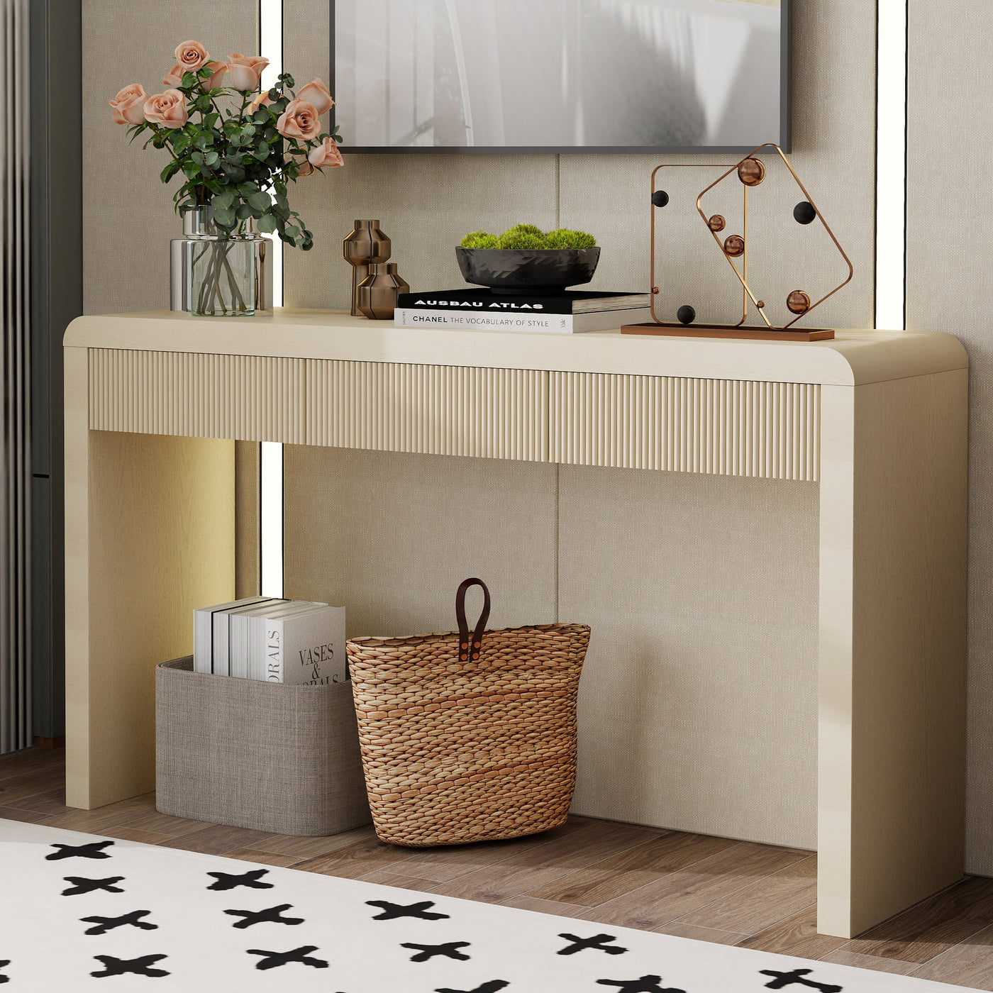 Rustic Console Table with 3 Fluted Drawers - Apricot