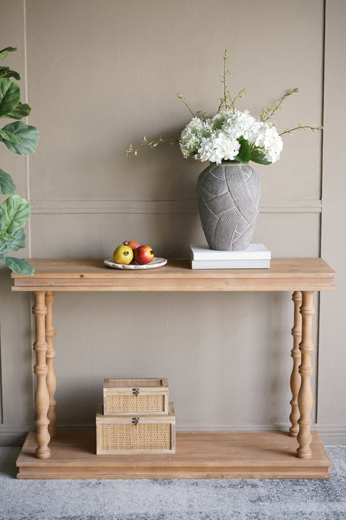 48x15x32 2-Tier Rectangular Wood Console Table Carved Spindle