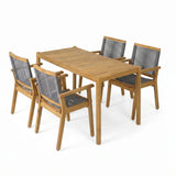5-Piece Outdoor Acacia Wood Dining Set with Teak Table and Dark Grey Rope Arm Chairs
