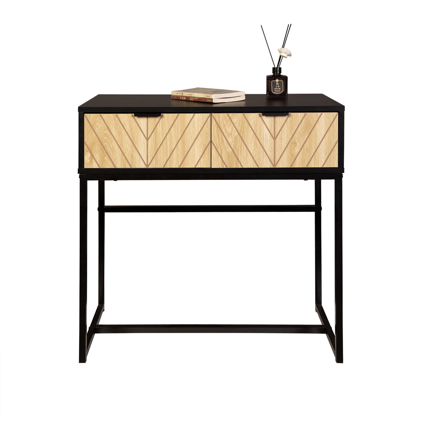 Modern Matte Black Console Table w/ Chevron Wood Drawers