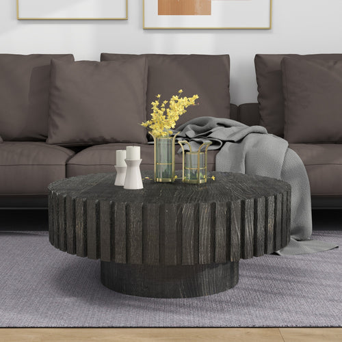 Modern Minimalist 31.4" Round Black Coffee Table Natural Wood