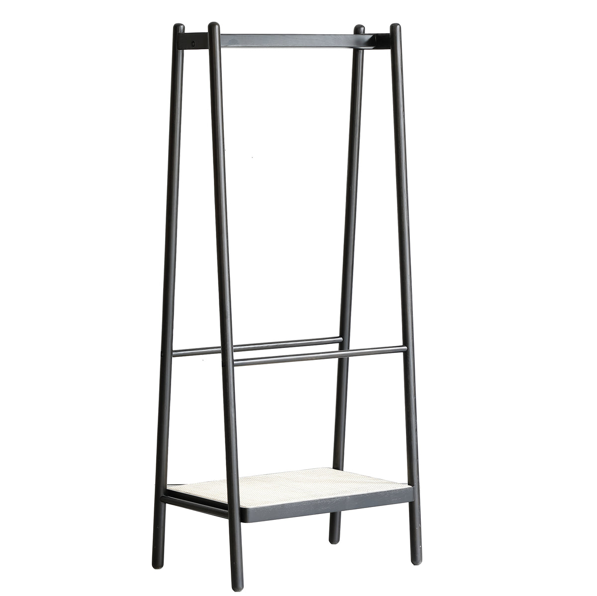 (Black) Solid Oak Wood Clothes Rack, Black Rattan Hanger Rack-clothes Rack