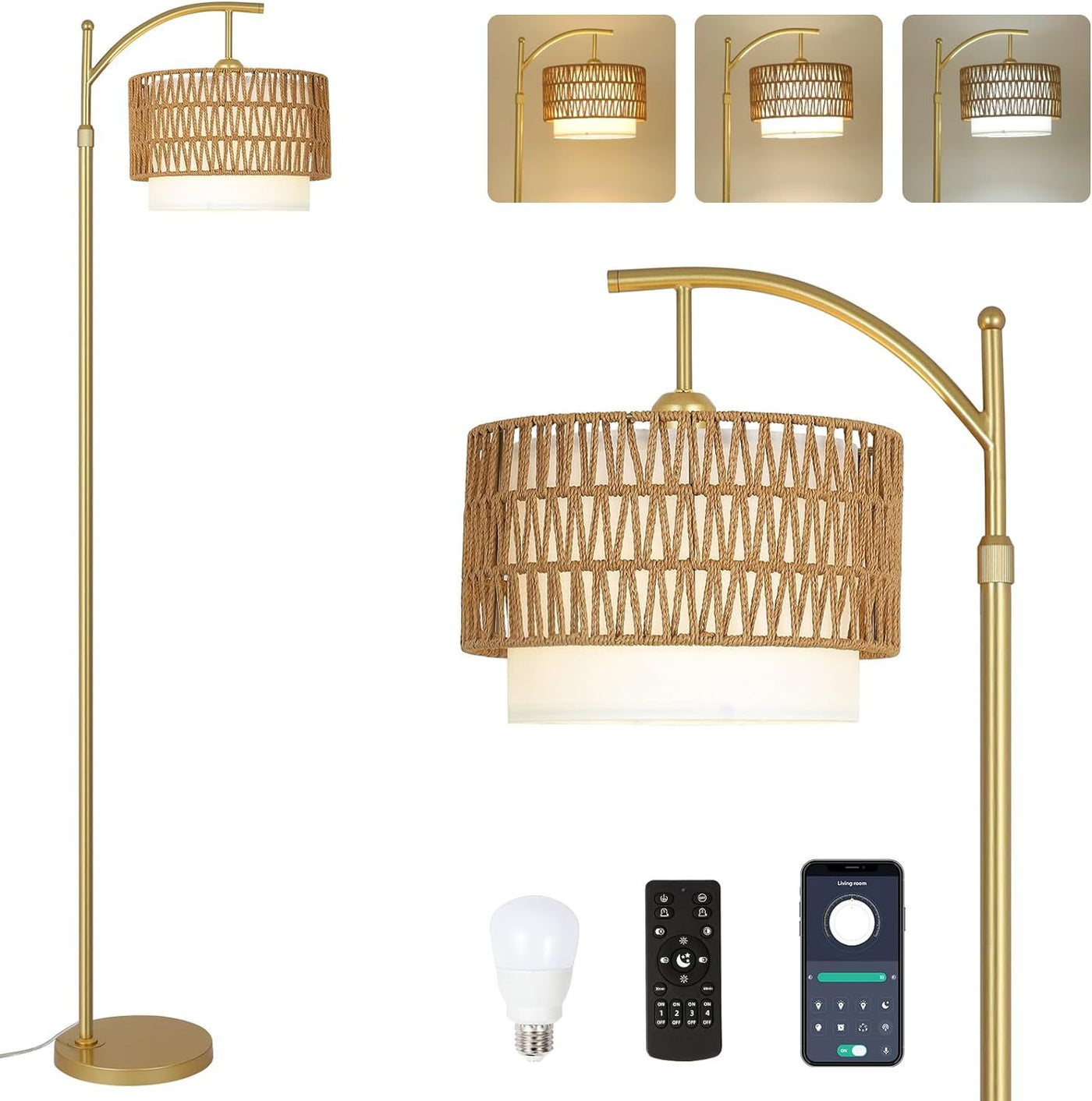 Modern Gold Arc Floor Lamp with Remote, Dimmable LED, 3 Colors