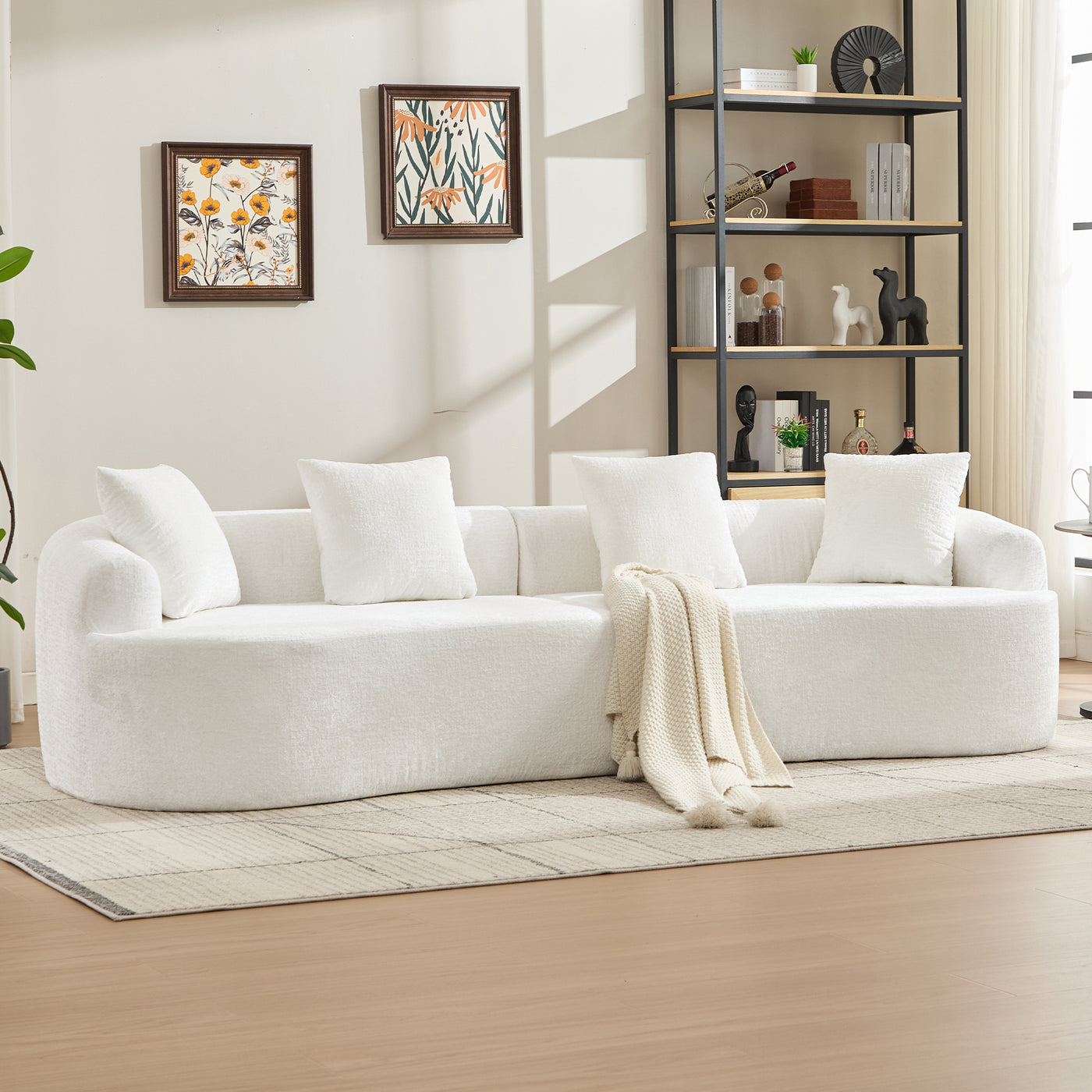 Sofa Curved Chenille Beige Deep Seat 3 Pillows No Assembly 110 In 300 LB