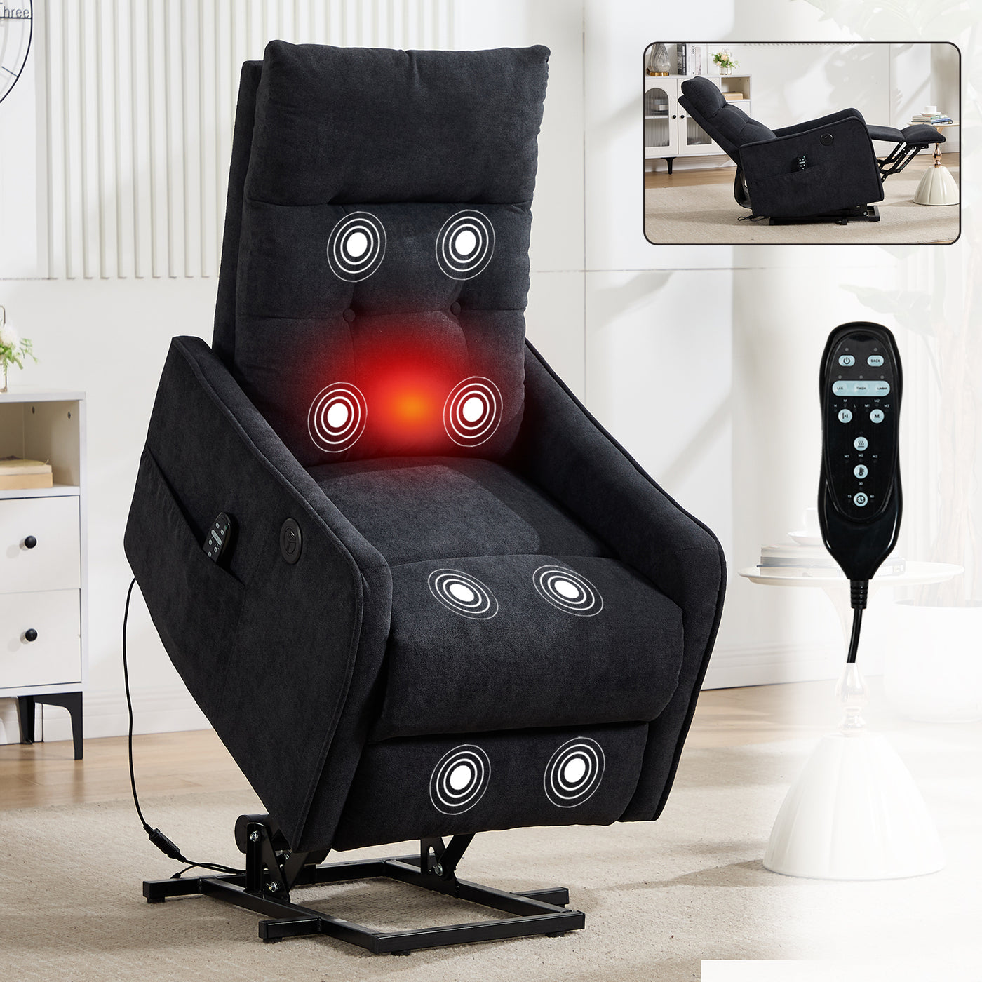 Black Chenille Power Lift Recliner Chair w/ Massage Heat USB