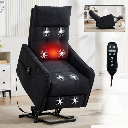 Black Chenille Power Lift Recliner Chair w/ Massage Heat USB