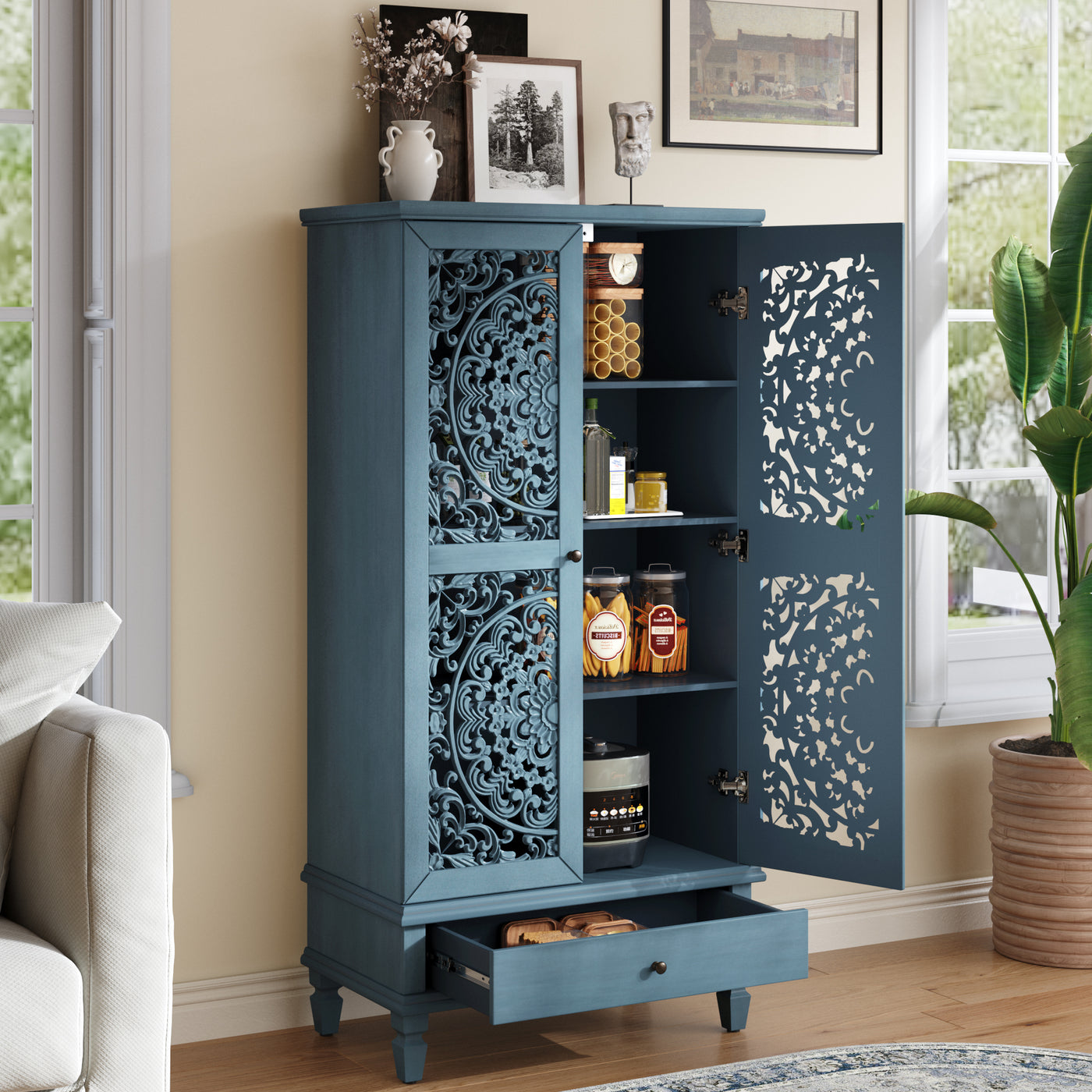 Rustic 55" Tall Storage Cabinet 2-Door Carved Wood Antique Blue