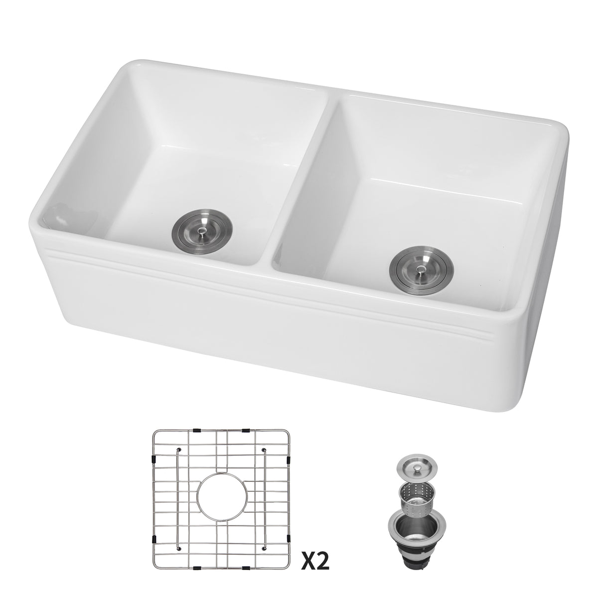 White Farmhouse Sink 33 Inch Double Bowl Apron Front Ceramic Kitchen Sink 50/50