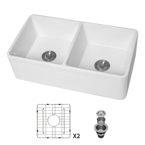 White Farmhouse Sink 33 Inch Double Bowl Apron Front Ceramic Kitchen Sink 50/50