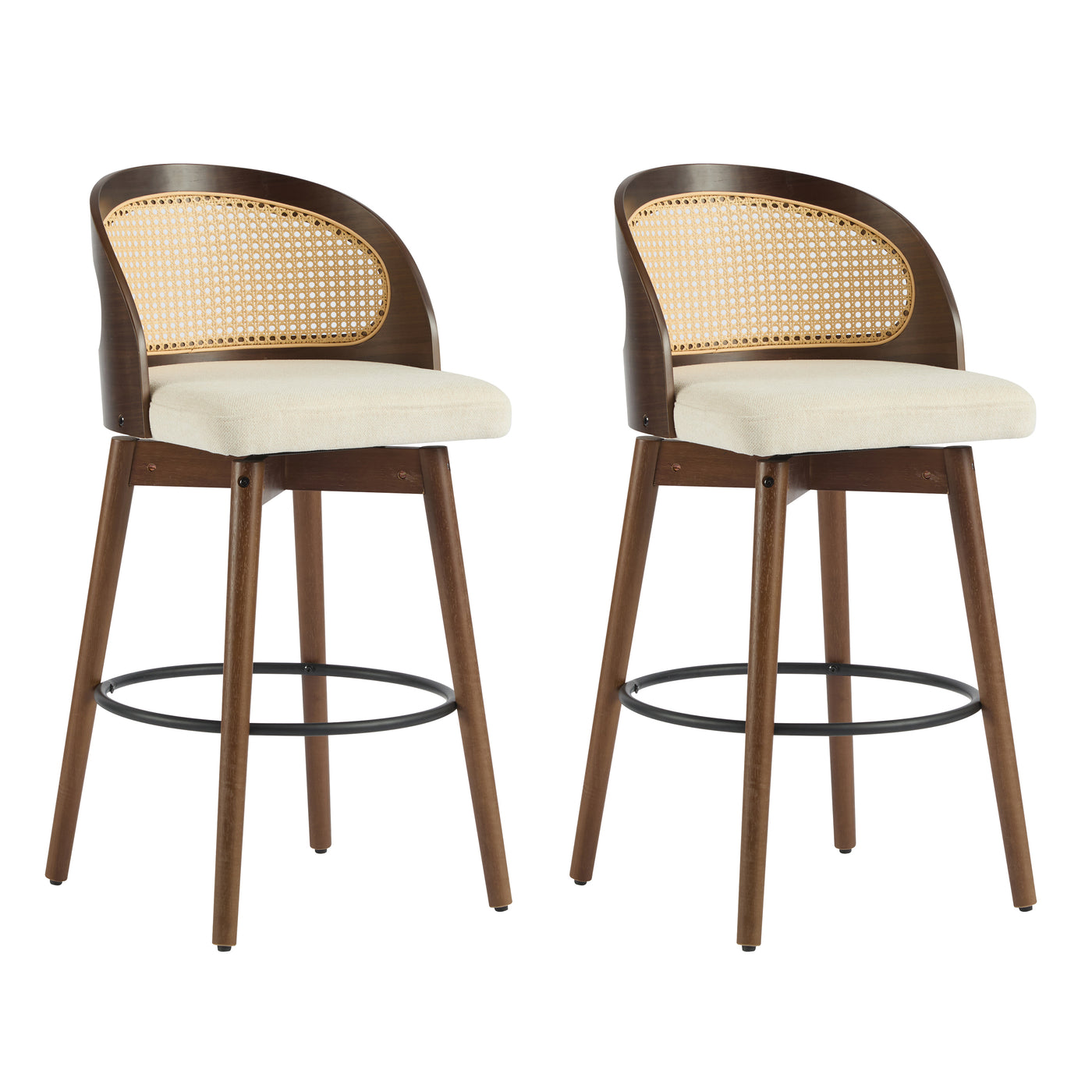 Como Indoor Wood Barstool with Cushioned Beige Seat & Rattan Backrest, Walnut Finish, Set of 2