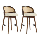 Como Indoor Wood Barstool with Cushioned Beige Seat & Rattan Backrest, Walnut Finish, Set of 2