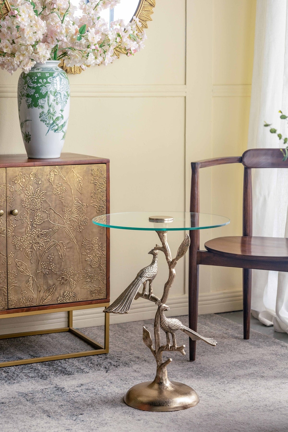 Gold Peacock Round Glass Top Side Table 17.7x17.7x24