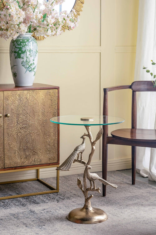 Gold Peacock Round Glass Top Side Table 17.7x17.7x24
