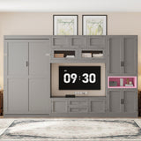 Twin Size Wooden Murphy Bed with TV Stand, 2 Drawers, Shelves, and Cabinets, Gray