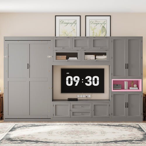 Twin Size Wooden Murphy Bed with TV Stand, 2 Drawers, Shelves, and Cabinets, Gray