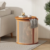 15.70' Round End Table, Hollow Woven Side Table, Small Rubber Wood Nightstand, Rattan Woven Tea Desk, Round Wood Tabletop, Chic Home Decor Desk, Easy Assembly, Ochre Color