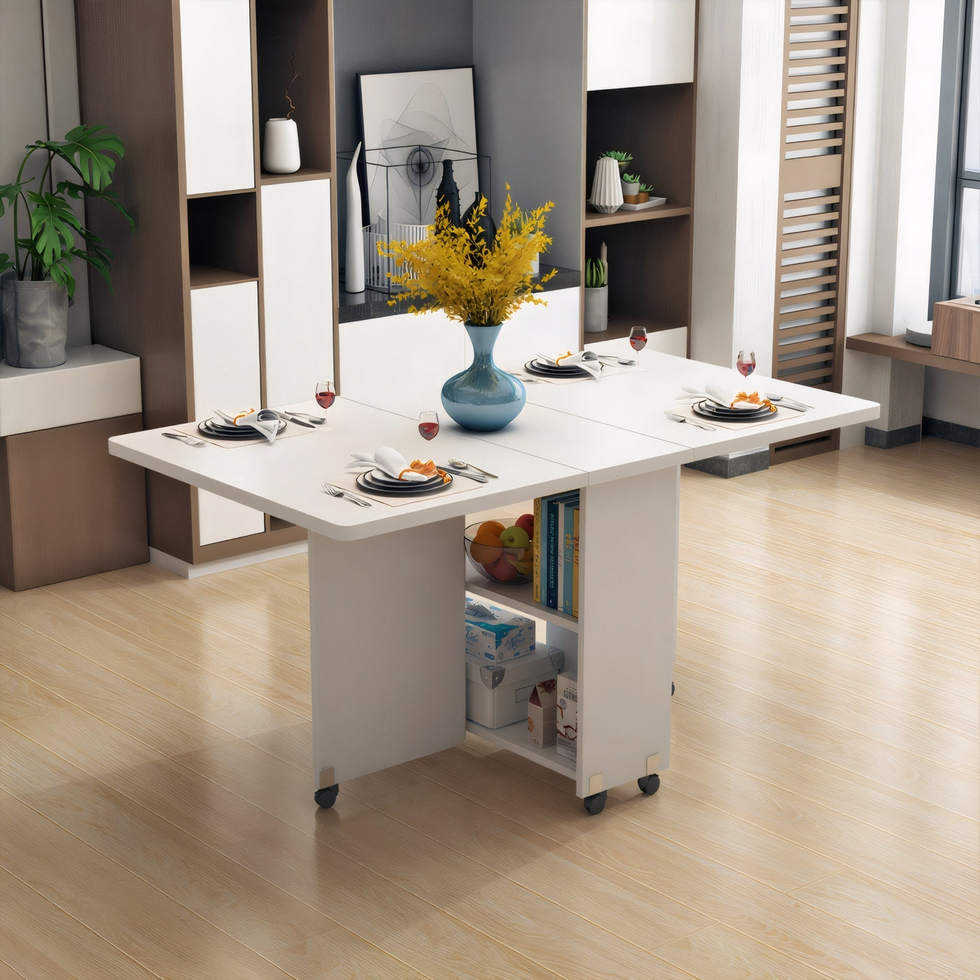 Folding Drop Leaf Dining Table 47" White Storage Shelf