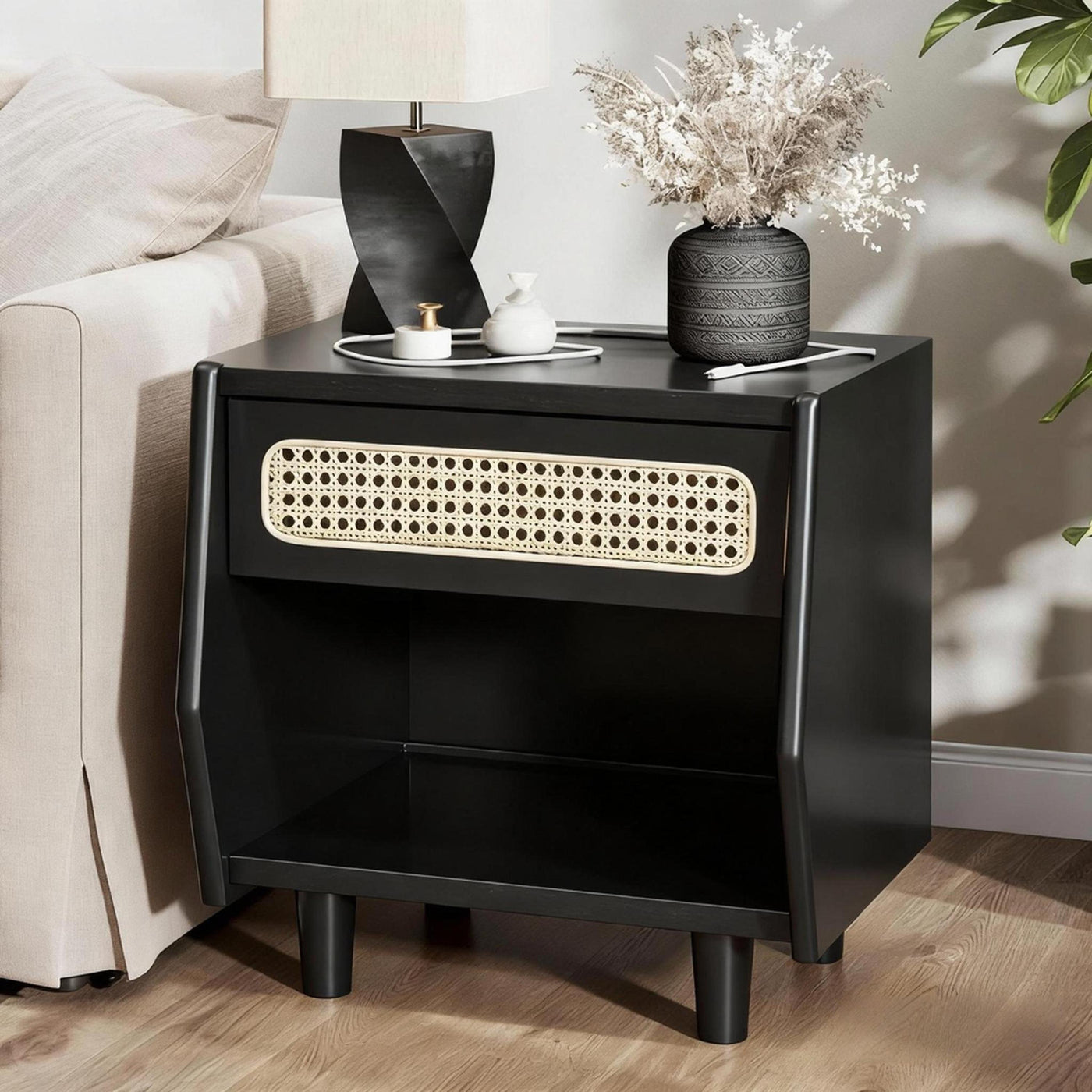 Black Nightstand with Rattan Detail, MDF & Wood