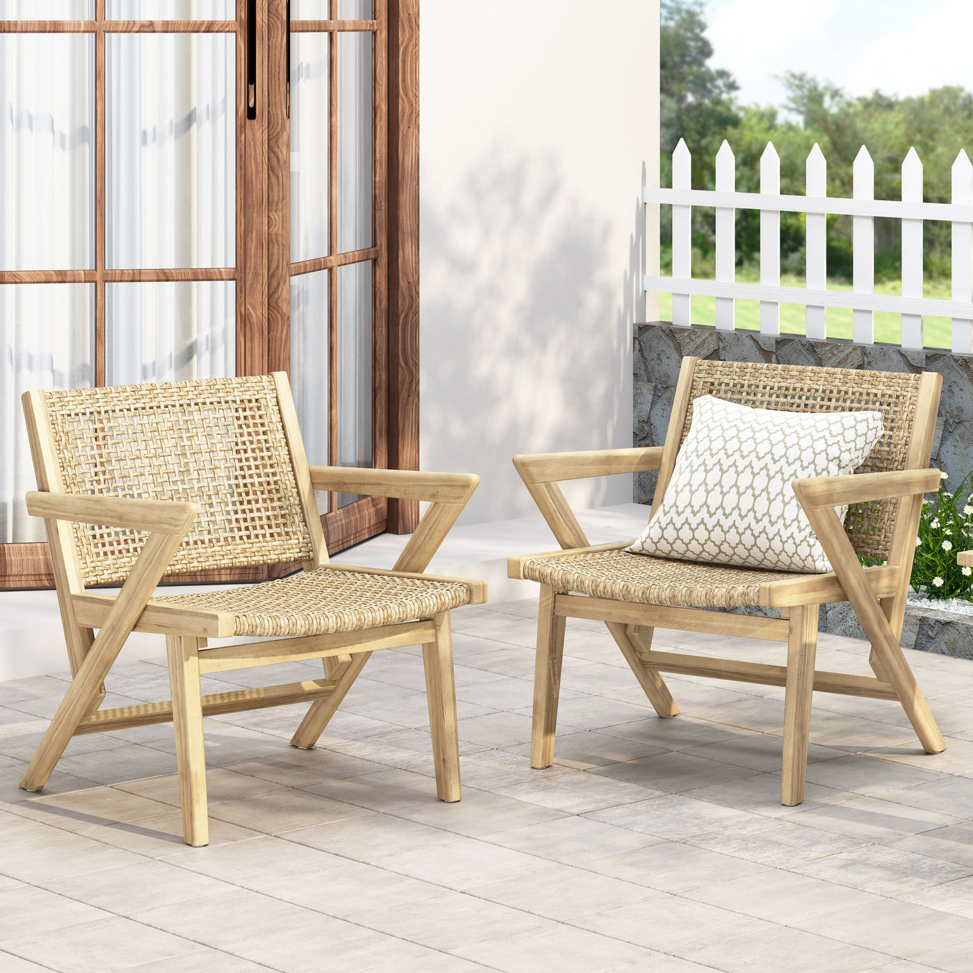 Club Chair Transitional Wicker Light Brown Acacia Frame Set of 2 24x27x28 In