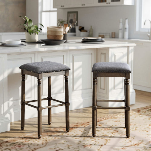 Upholstered Wood Bar Stools with Nailhead Trim, Gray, Set of 2