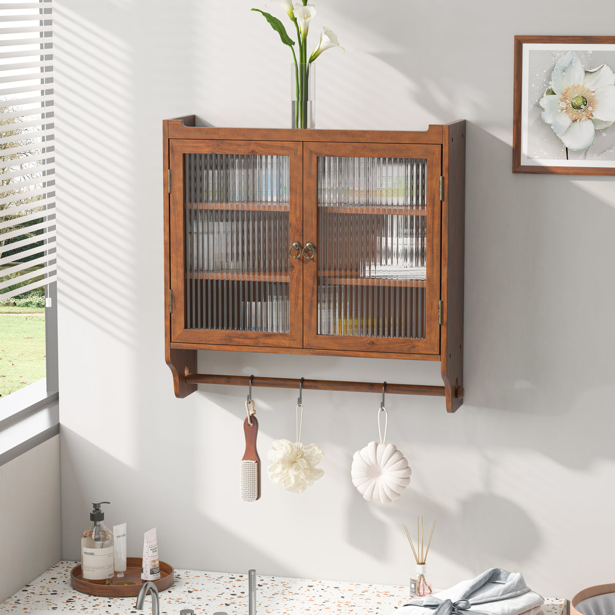 24.8"Glass Door Vintage Double Door Wall Cabinet