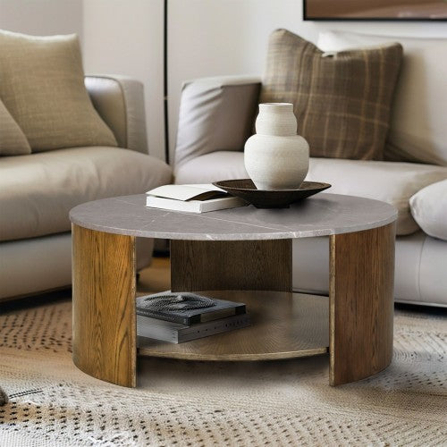 Round Coffee Table - Modern - Faux Marble Top - 36" with Shelf