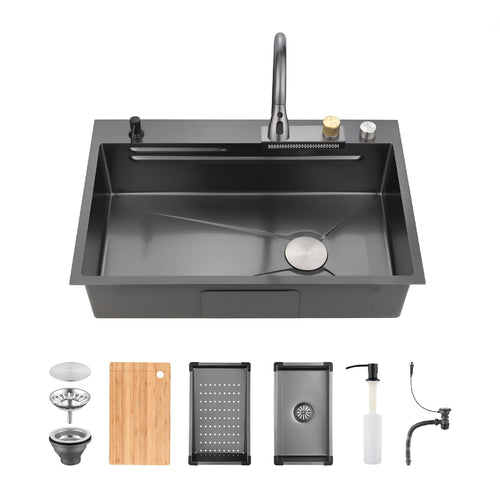 Stainless Steel Single Bowl Kitchen Sink Waterfall 33x22