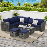 Outdoor Patio Set PE Rattan Steel Dark Blue 6 Piece Seats 8