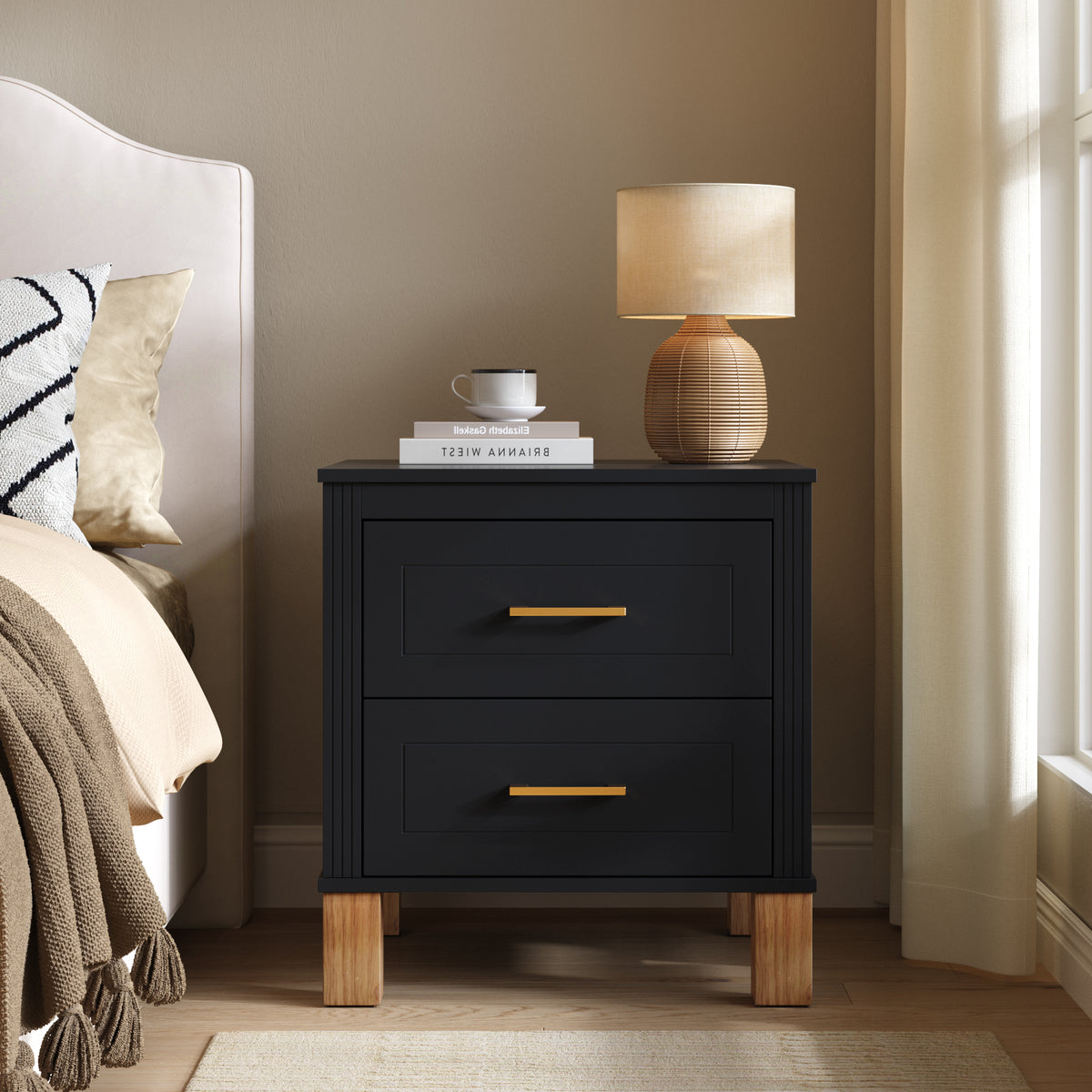 Solid Wood Nightstand Black