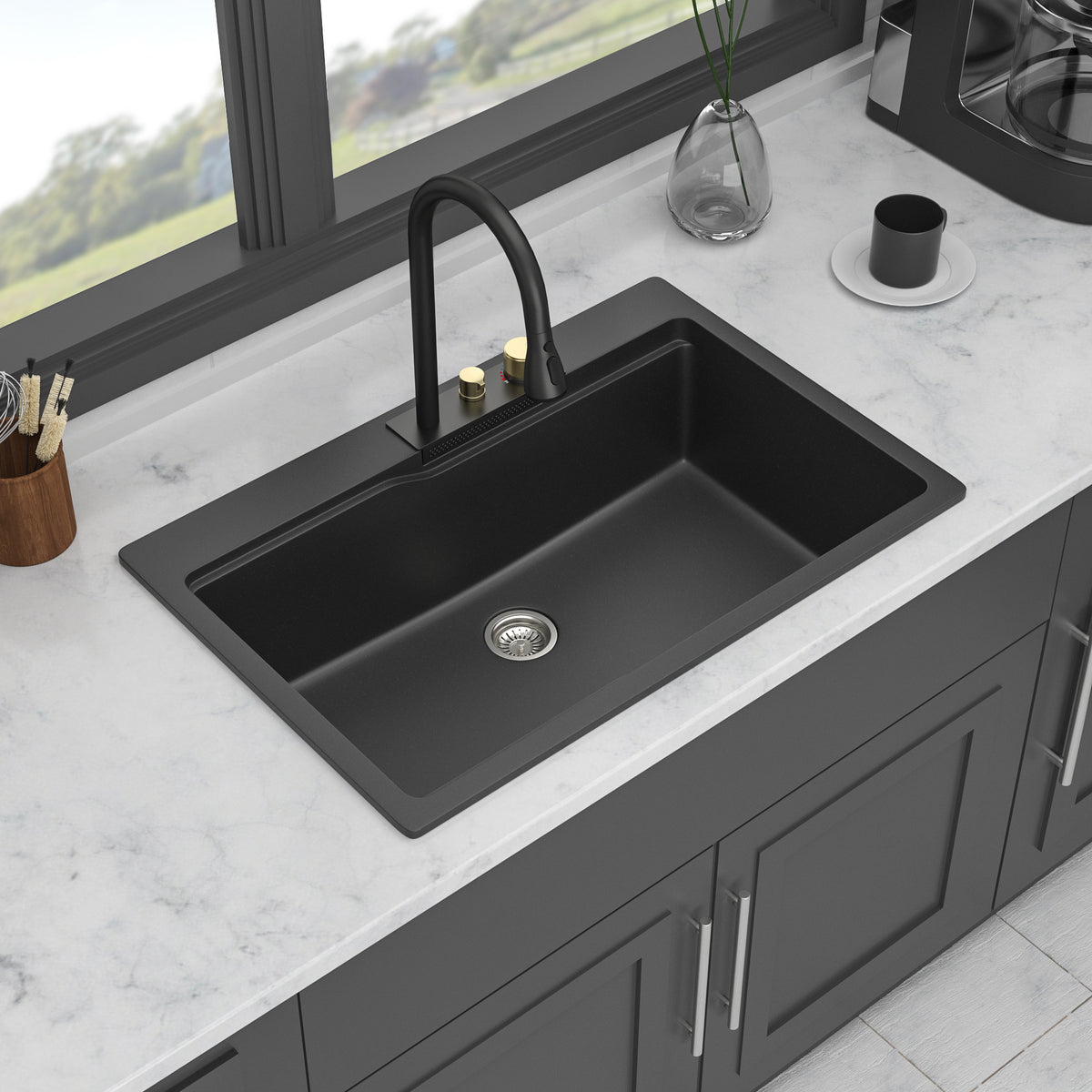 Drop In Waterfall Kitchen Sink - 33' x 22' x 10' Black Composite Granite Quartz