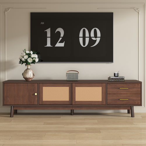 TV Stand Mid-Century Dark Brown Solid Wood Rattan Sliding Door Fits 80 In TV