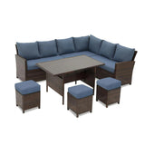 Outdoor Dining Set PE Rattan Brown Blue 7 Piece Seats 8