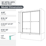 56"-60"W*60" H Semi-Frameless Double Sliding Shower Door, Bypass Shower Door