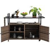 Outdoor Wicker Bar Cart, Patio Wine Serving Cart w/Wheels