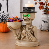 Halloween Skeleton Figurine with Storage Bowl & Candle Holder, Spooky Halloween