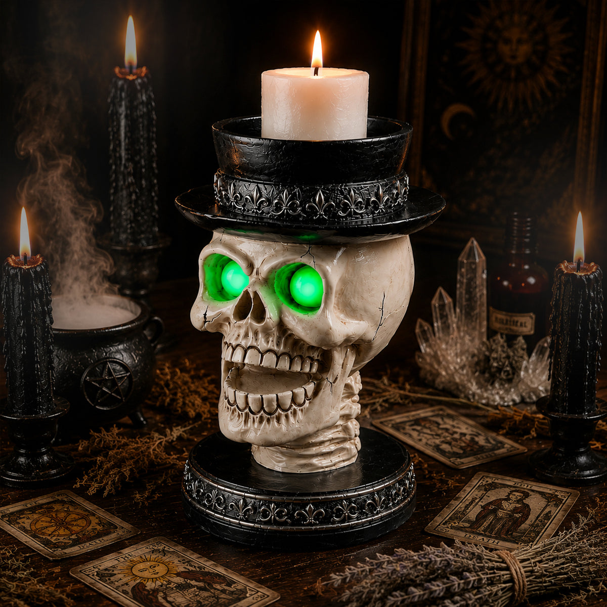 Halloween Skull Candle Holder with Glowing Green Eyes, Gothic Open Mouth Skeleto