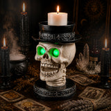 Halloween Skull Candle Holder with Glowing Green Eyes, Gothic Open Mouth Skeleto