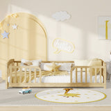 Twin Size Floor Bed with Guardrails and Central Entrance, Pine Wood